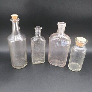 Lot of 4 Antique Vintage Apothecary Medicine Cure Bottles Clear Pharmacy
